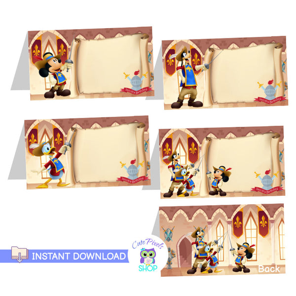Mickey Mouse and the three musketeers place cards. Food tents to decorate your table at the Musketeers Mickey party!