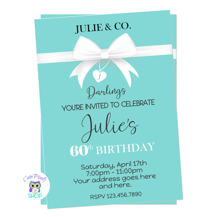 Tiffany & Co invitation. Turquoise Tiffany's background and white bow for stylish birthday party