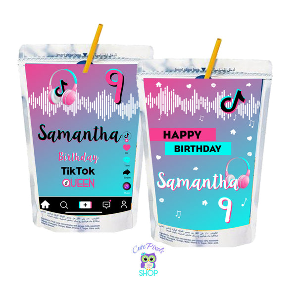 TikTok Capri Sun Labels . TikTok labels to be used with Juice. TikTok background with phone like label, TikTok symbol, musical notes and TikTok app symbols