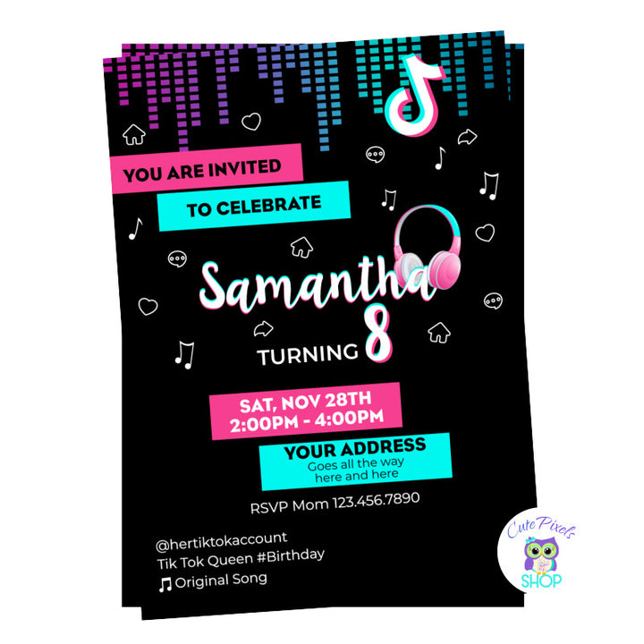 TikTok Invitation for a TikTok Birthday, Invitation in black, pink and turquoise