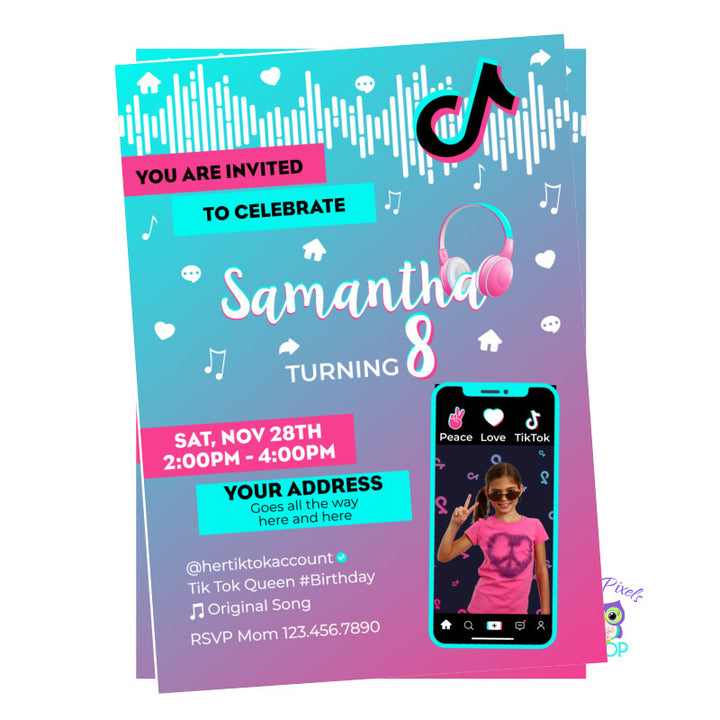 TikTok Invitation in Pink and Turquoise Background with Child'd Photo for a TikTok Birthday