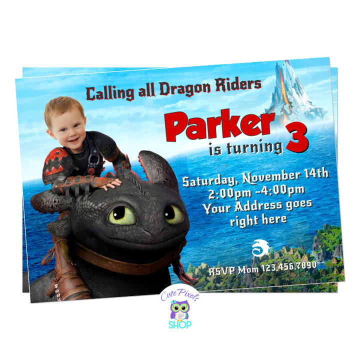 Toothles Invitation with child photo, Train your dragon Birthday. Your child riding toothless for a Train your dragon birthday party