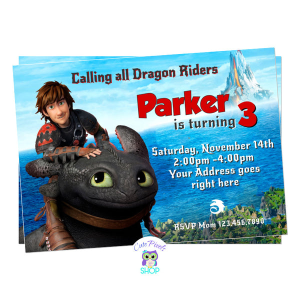 Train your dragon invitation, Toothles Invitation. Hiccup riding Toothless for a Train your dragon birthday party