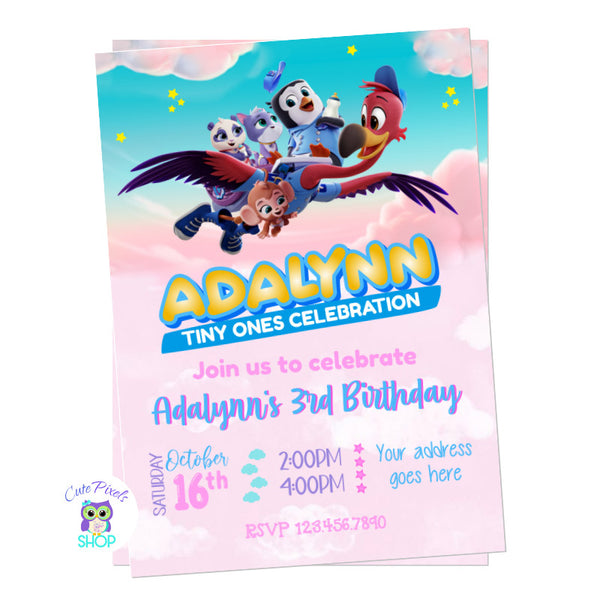 Tots invitation for a cute T.O.T.S birthday. Freddy, Pip and Mia are ready for a tiny ones celebration flying over pink clouds and a blue sky.