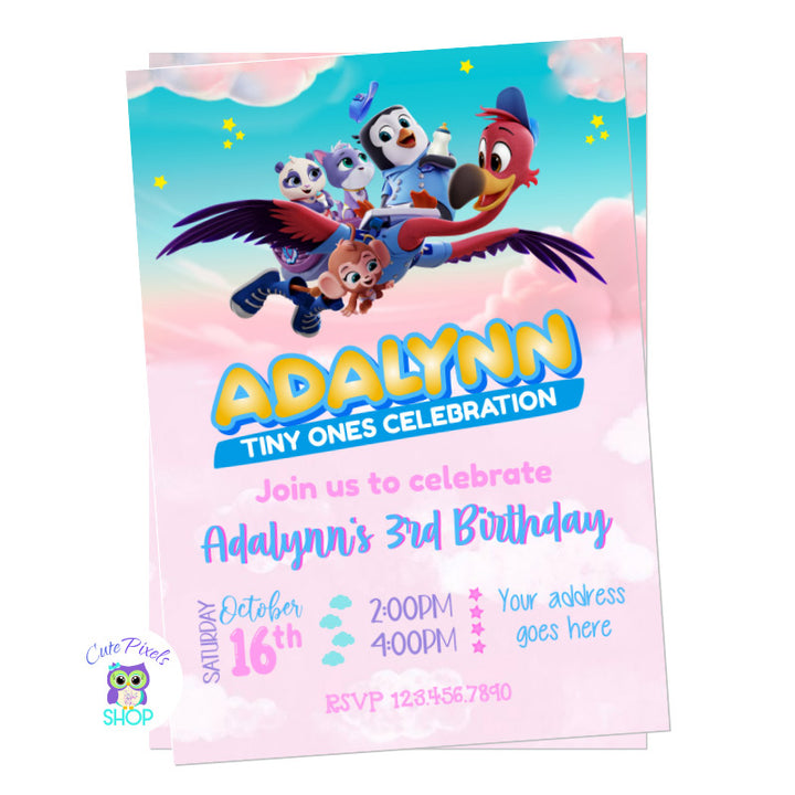 Tots invitation for a cute T.O.T.S birthday. Freddy, Pip and Mia are ready for a tiny ones celebration flying over pink clouds and a blue sky.