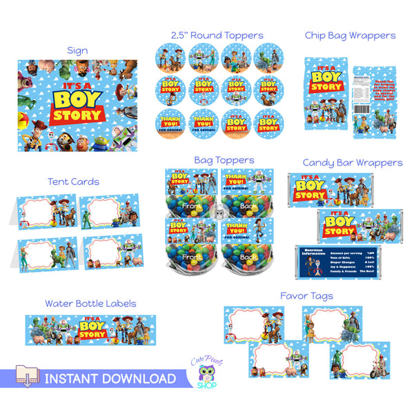 Toy Story Baby Shower decorations, perfect to have a It's a Boy Story Baby shower. Includes It's a Boy Story Sign, Cupcake Toppers, Chip Bag Wrappers, Place cards, Bag Toppers, Candy Bar Wrappers and Favor Tags