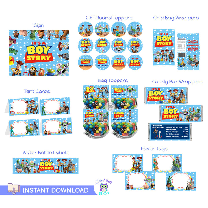 Toy Story Baby Shower decorations, perfect to have a It's a Boy Story Baby shower. Includes It's a Boy Story Sign, Cupcake Toppers, Chip Bag Wrappers, Place cards, Bag Toppers, Candy Bar Wrappers and Favor Tags