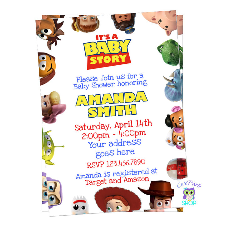 Toy Story Baby shower invitation. It's a baby story baby shower with all toy story friends around in a white background