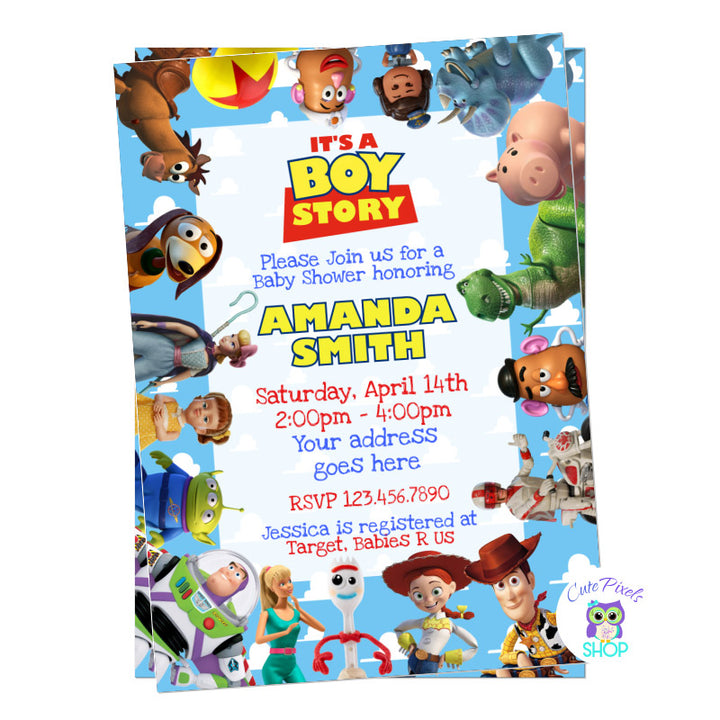 Toy Story Baby shower invitation. It's a boy story baby shower with all toy story friends around.