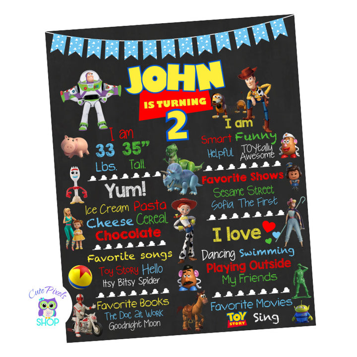 Toy Story Birthday sign, Toy Story chalkboard sign with milestones for child with many Toy Story Characters