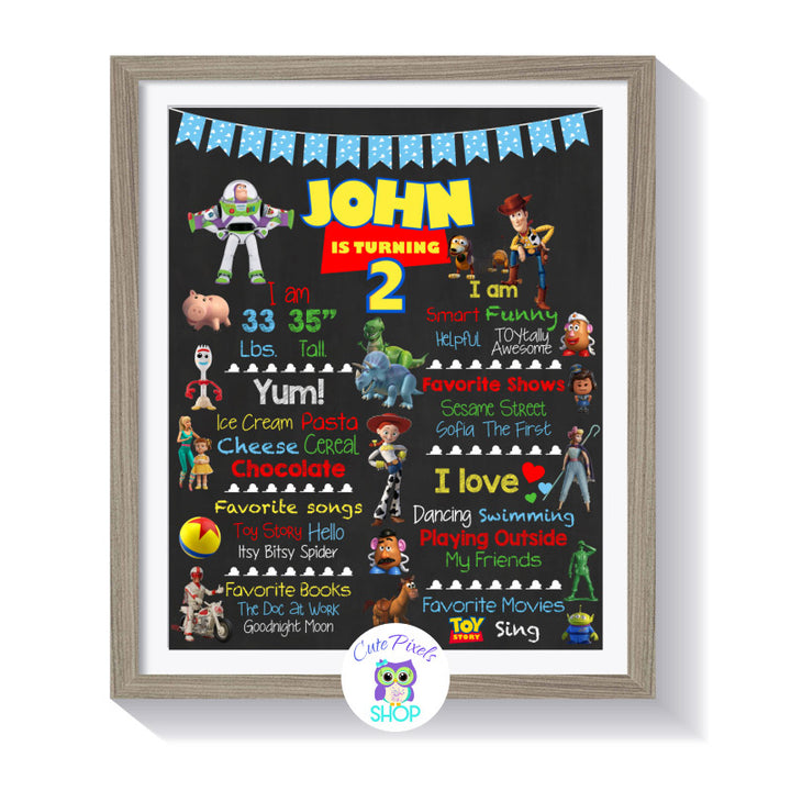 Toy Story birthday sign framed, Toy Story chalkboard sign with milestones for child with many Toy Story characters