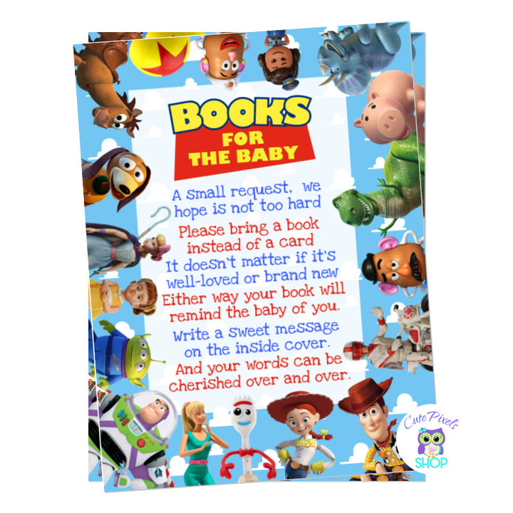 Toy Story Baby shower bring a book for baby card. Insert for Baby shower invitation to request guests to bring a book instead of a card with all Toy Story characters around.