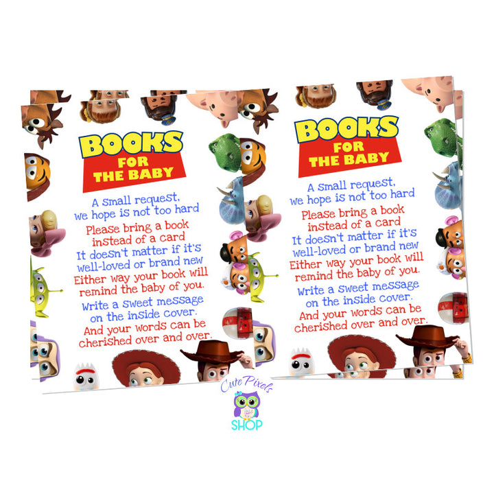 Baby Shower Toy Story bring a book card. Ask your guest to bring a book instead of a card in your baby shower with all Toy Story characters. Comes as 4x6 file to print two per card