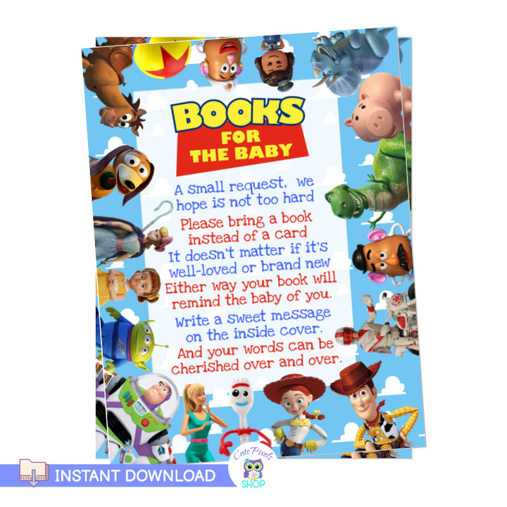 Toy Story Baby Shower Bring a Book card for a Toy Story Baby Shower with all Toy Story Characters around