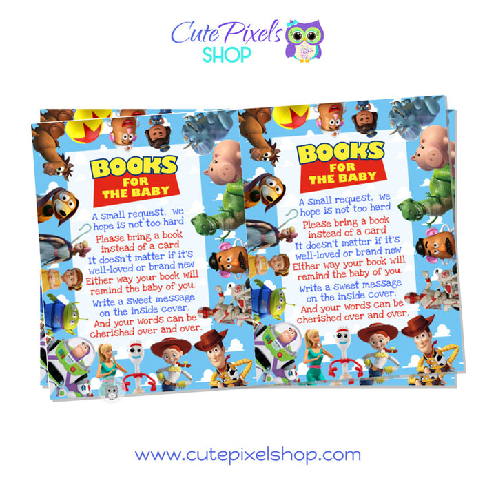 Toy Story Baby Shower Bring a Book card for a Toy Story Baby Shower with all Toy Story Characters around, 4x6 file