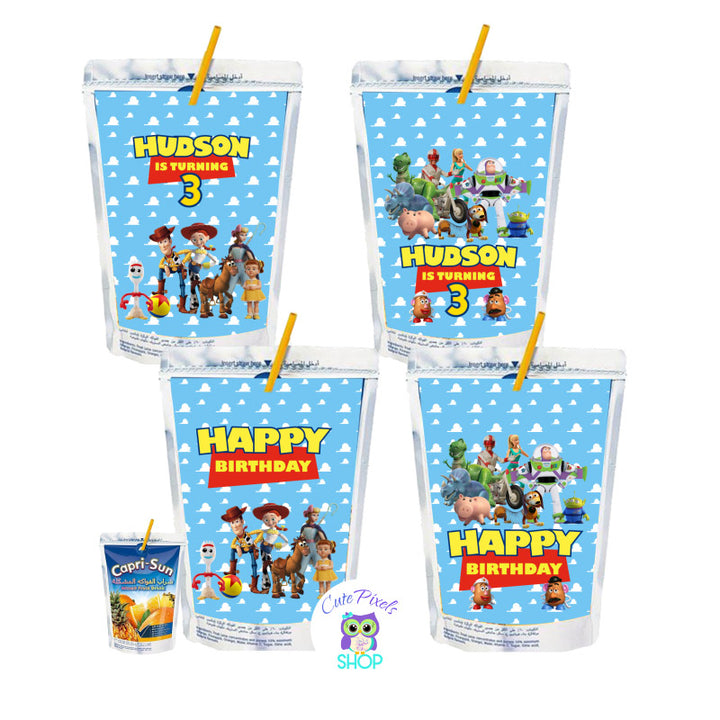 Toy Sotry Capri Sun Labels, four different designs to use with your capri sun juice, two with name and age and the other two with Happy Birtdhay on it.