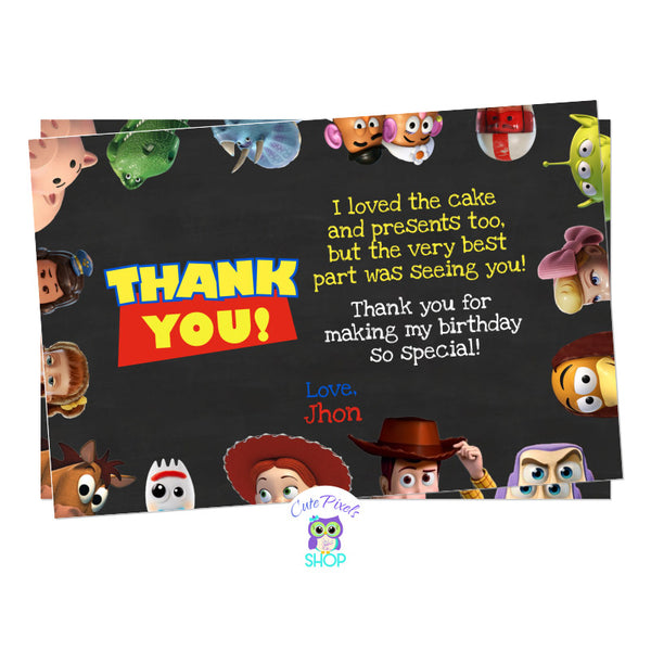 Toy Story thank you card for Toy Story Birthday Party in a chalckboard background with all Toy Story friends around invitation.