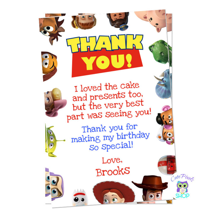 Toy Story Thank You card for birthday party. Includes all Toy Story chracters arpund card and Thank You as the Toy Story movie logo