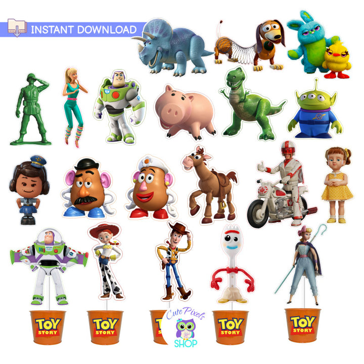 Toy Story Centerpieces, twenty toy story cutouts you can use as centerpieces, cake toppers and party decorations. Includes woody, buzz lightyear, jessie, Bullseye, forky and much more characters from all toy story movies