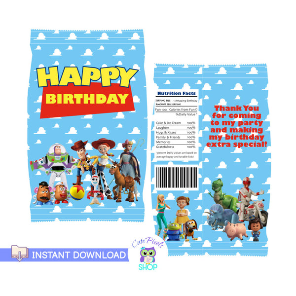 Toy Story chip bag wrappers, printable toy story potato chip bags to decorate your toy story birthday party. Happy birthday on front and thank you message on the back. Ready for instant download