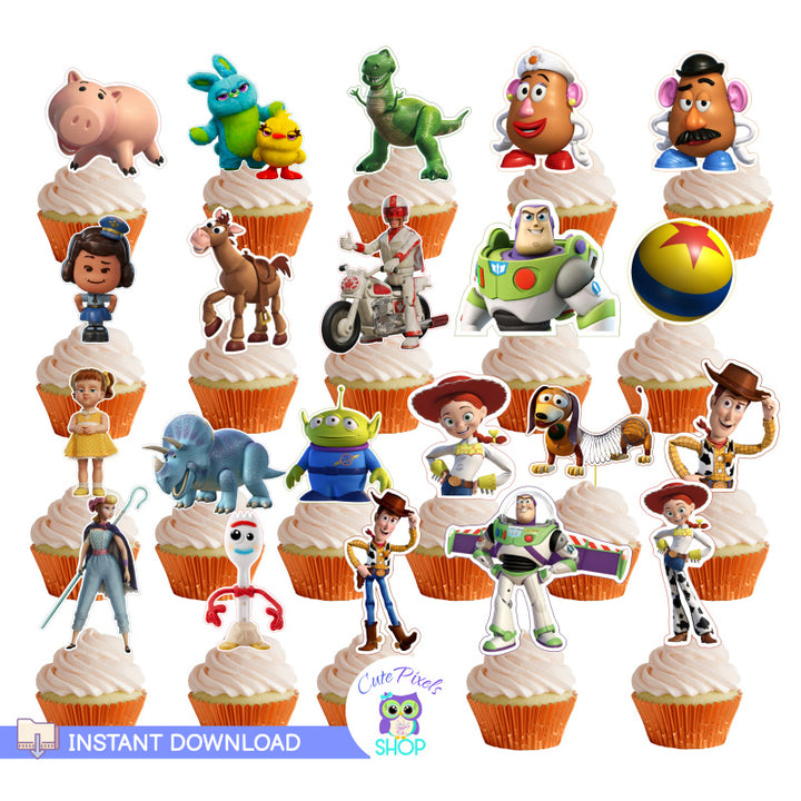 Toy Story Cupcake toppers, 21 toy story cutouts you can use to decorate your cupcakes and make toy story party decorations. Includes woody, buzz lightyear, jessie, Bullseye, forky and much more characters from all toy story movies