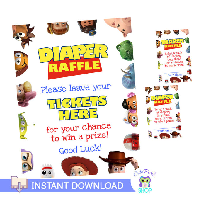 Toy Story Baby shower game, Toy Story Diaper raffle for baby shower with all Toy story characters around in a white background. Instant download. Includes Diaper Raffle sign and tags