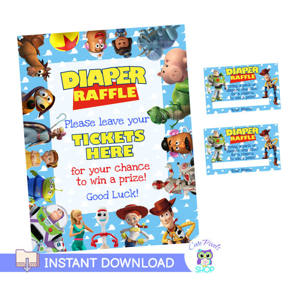 Baby Shower Games, Toy Story Baby Shower, Diaper Raffle for Instant Download. All toy Story characters around with blue sky and clouds background. Diaper Raffle includes sign and tags