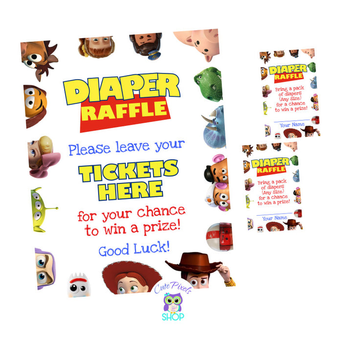 Baby Shower Game, Toy Story Baby Shower Diaper Raffle, It's a boy story diaper raffle sign and tags