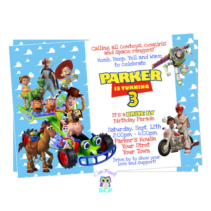 Toy Story Drive By Parade Birthday Invitation. Toy Story birthday invitation to celebrate safely, social distancing. Toy Story characters riding a car, motorcycle and flying by.