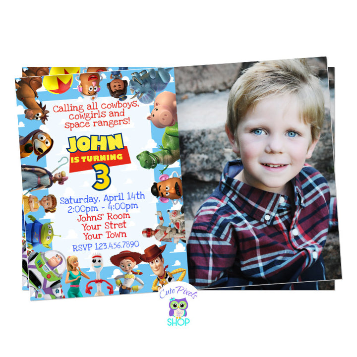 Toy Story Birthday invitation including child's photo and all toy Story characters around the invitation for a great toy story birthday party