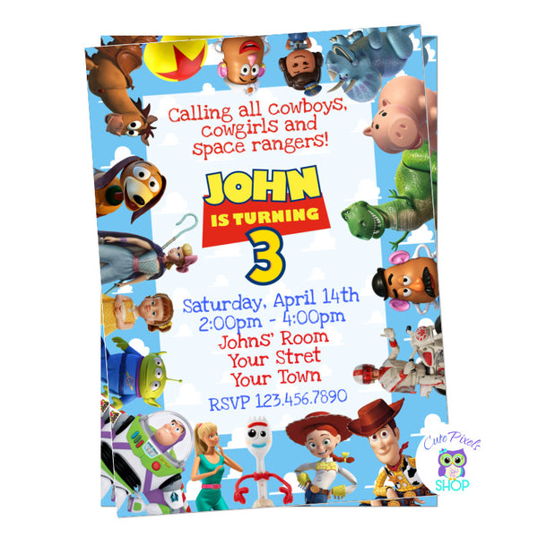 Toy Story Invitation. All Toy Story characters around invitation including toy Story 4, Child's name as Toy Story Logo