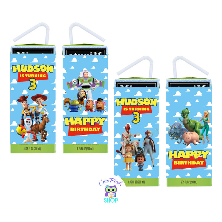Toy Story Juice Box labels, two different designs with front and back. Child's name and age and Happy Birthday with Toy Story friends