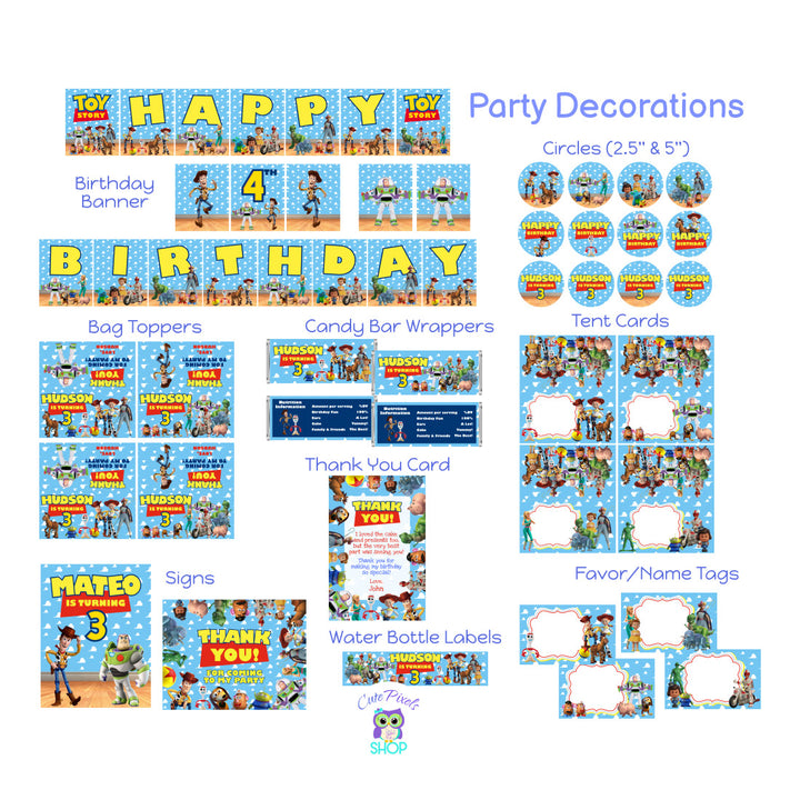 Toy Story Party Decorations. Including Birthday Banner, Cupcake Toppers, Bag Toppers, Candy bar Wrappers, Place Cards, Signs, Thank You Card, Water Bottle Labels and Favor Tags with all Toy Story 4 characters