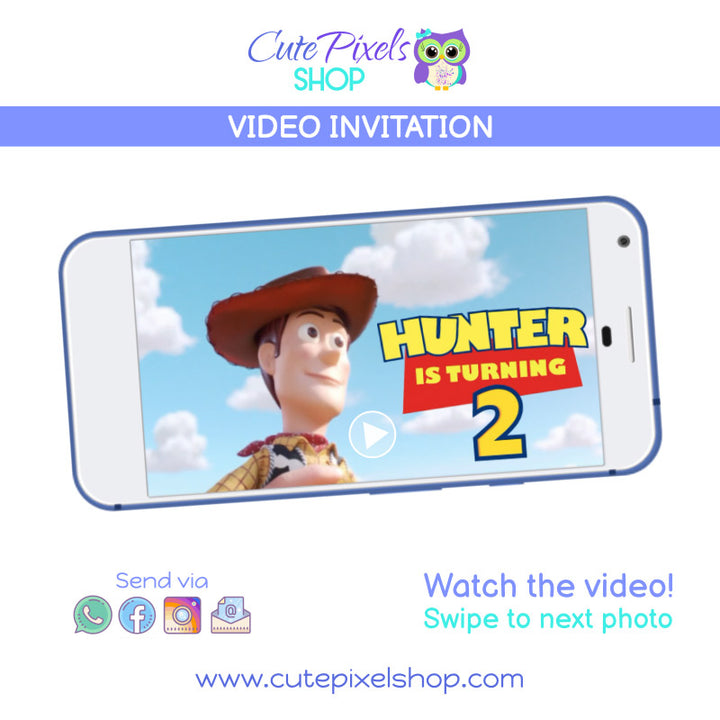 Toy Story Video invitation for a Two infinity and Beyond birthday party with Buzz Lightyear, Woody and Bonnie