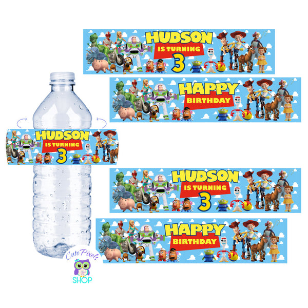 Toy Story water bottle labels. Two different designs with child's name and age and Happy birthday. All Toy Story friends on it.