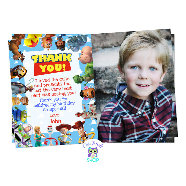 Toy Story Thank you card with child's photo and all Toy Story characters around the thank you message is the perfect close for a Toy Story Birthday Party