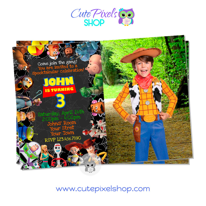 Toy Story Halloween Invitation with a spooky look and all your Toy Story friends. Includes child's Photo