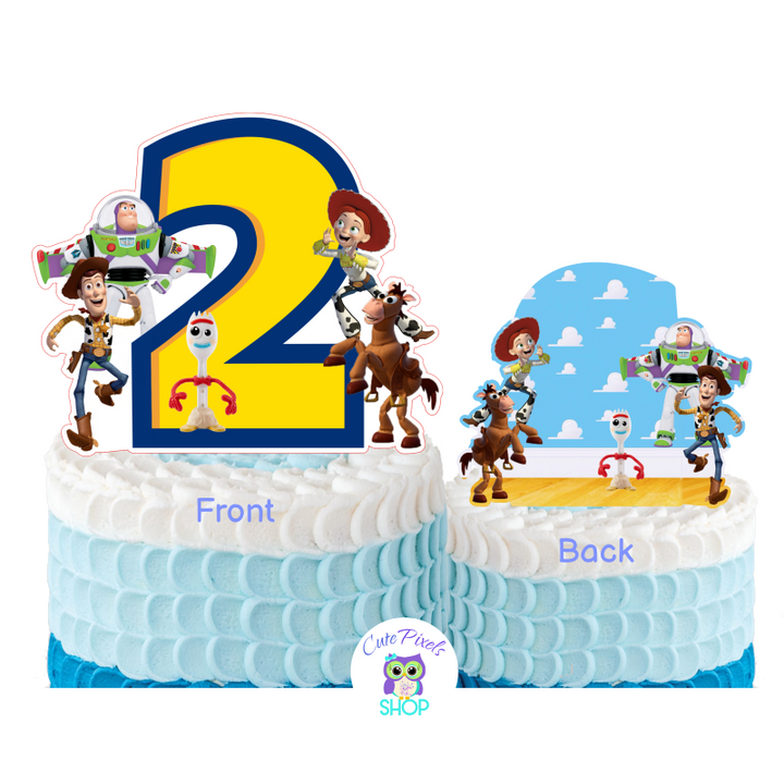 Toy Story Cake topper, Toy Story centerpiece with child's age, Woody, Buzz lightyear, Forky, Jessie and Bullseye. Choose any age, front and back design included in two different sizes.