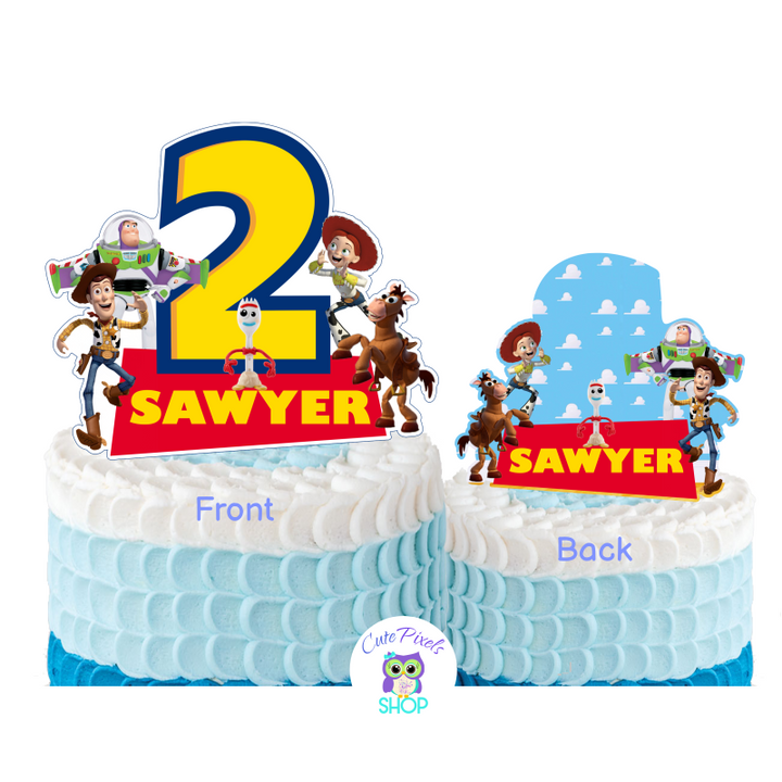 Toy Story Cake topper, Toy Story centerpiece with child's name and age, Woody, Buzz lightyear, Forky, Jessie and Bullseye. Choose any age, front and back design included in two different sizes.