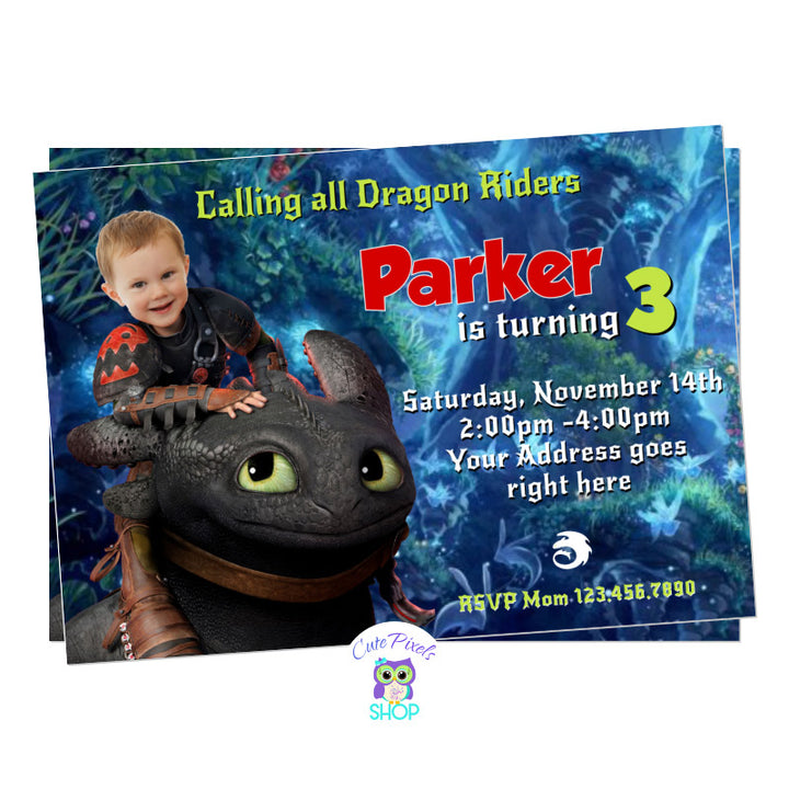 Toothles Invitation with child photo, Train your dragon Birthday. Your child riding toothless for a Train your dragon birthday party