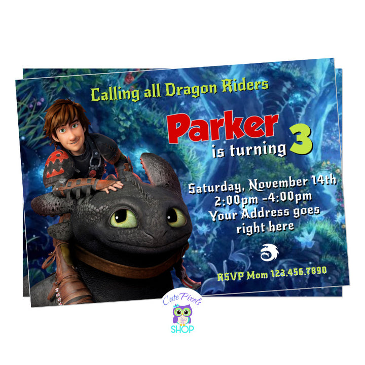Toothles Invitation with child photo, Train your dragon Birthday. Hiccup riding toothless for a Train your dragon birthday party