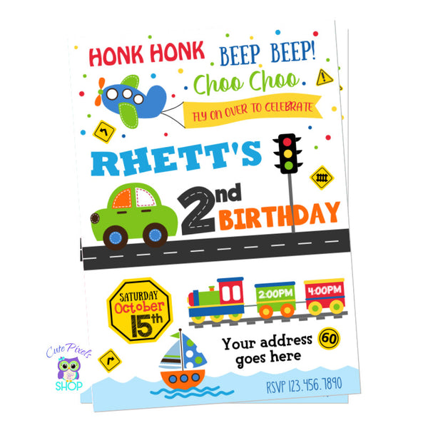 Transportation invitation with a cute plane, car, train and boat, perfect for a transportation birthday party, full of primary colors and cute road signs!