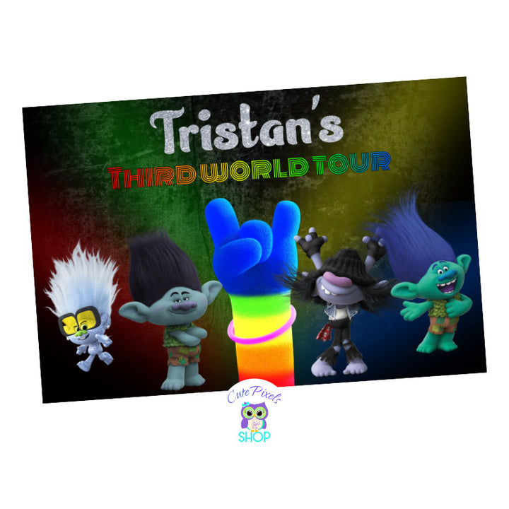 Trolls Backdrop for a Trolls World Tour Birthday. Having male characters making it perfect for boys who love trolls! Trolls rockstar backdrop with rainbow text like the trolls movie