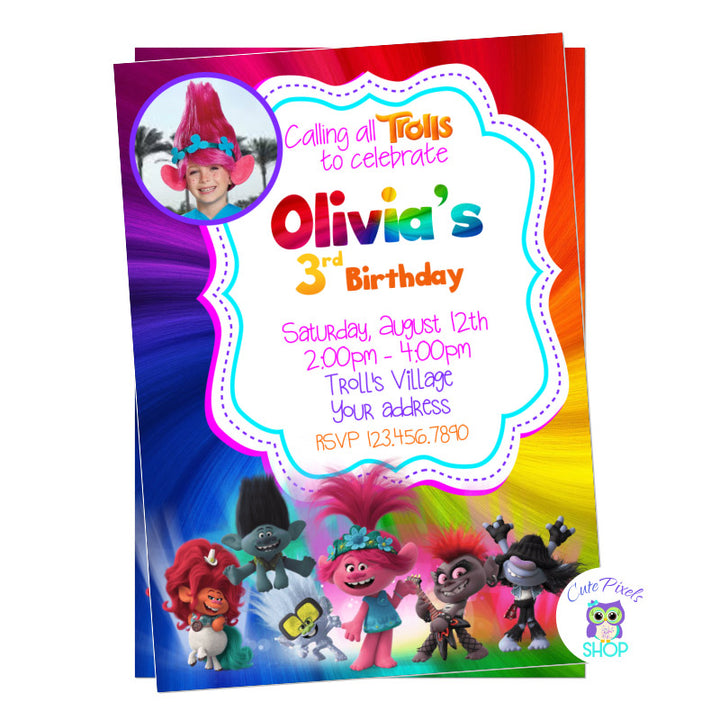 Trolls Party Invitation with child's photo for Trolls birthday. Trolls world tour characters including Poppy, Branch, Queen Barb, Delta Down. Trolls hair background.