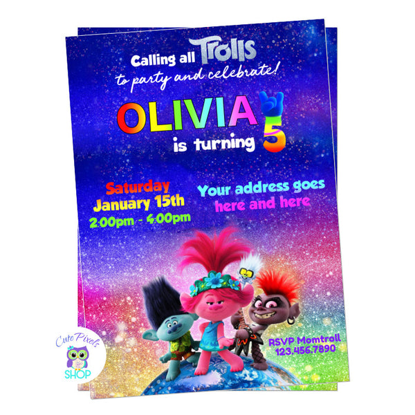 Trolls Birthday Invitation, Trolls world tour Birthday. Glittery background with Poppy, Branch and Queen Barb on top of the world