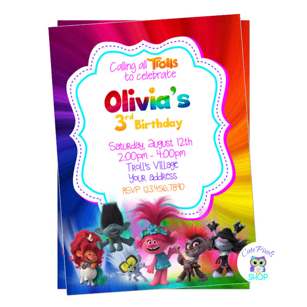 Trolls Party Invitation for Trolls birthday. Trolls world tour characters including Poppy, Branch, Queen Barb, Delta Down. Trolls hair background.