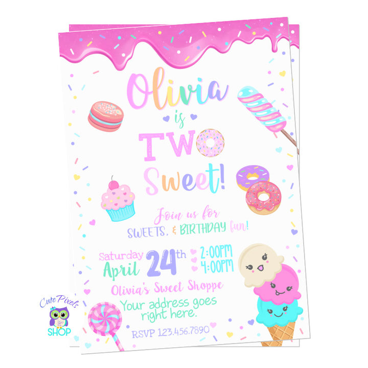 Two sweet birthday invitation. Sweet birthday invitation for second birthday with colorful sprinkles, ice cream, sweets, candy and doughnuts. Cream Background