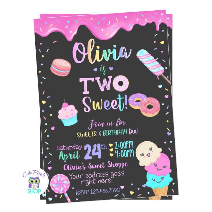 Two sweet birthday invitation. Sweet birthday invitation for second birthday with colorful sprinkles, ice cream, sweets, candy and doughnuts. Chalkboard Background