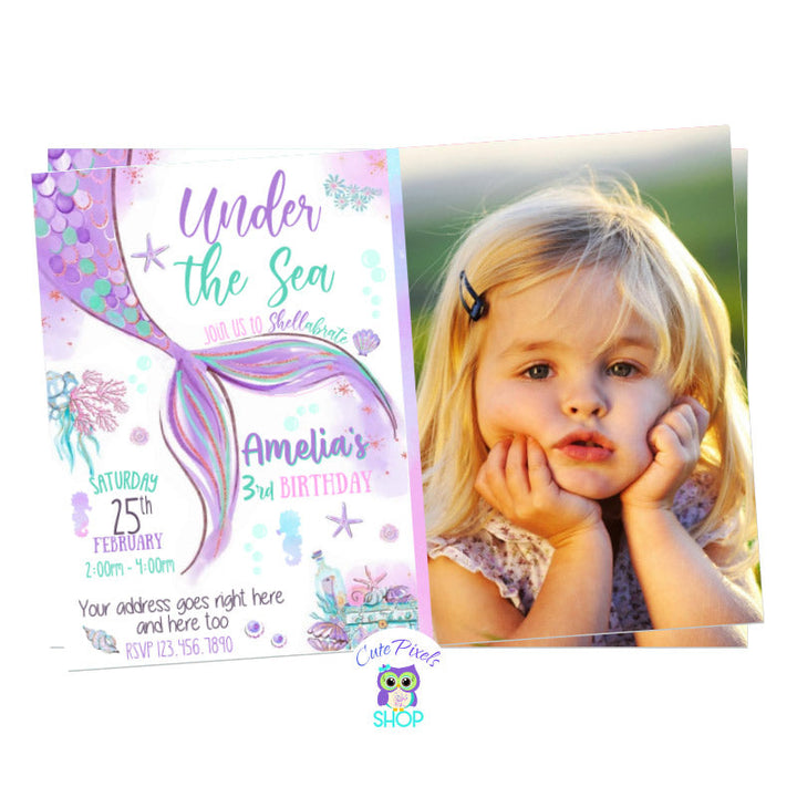 Under the sea Invitation with a cute mermaid tail in purple and teal, full of shells, sea stars and bubbles. Includes child's photo