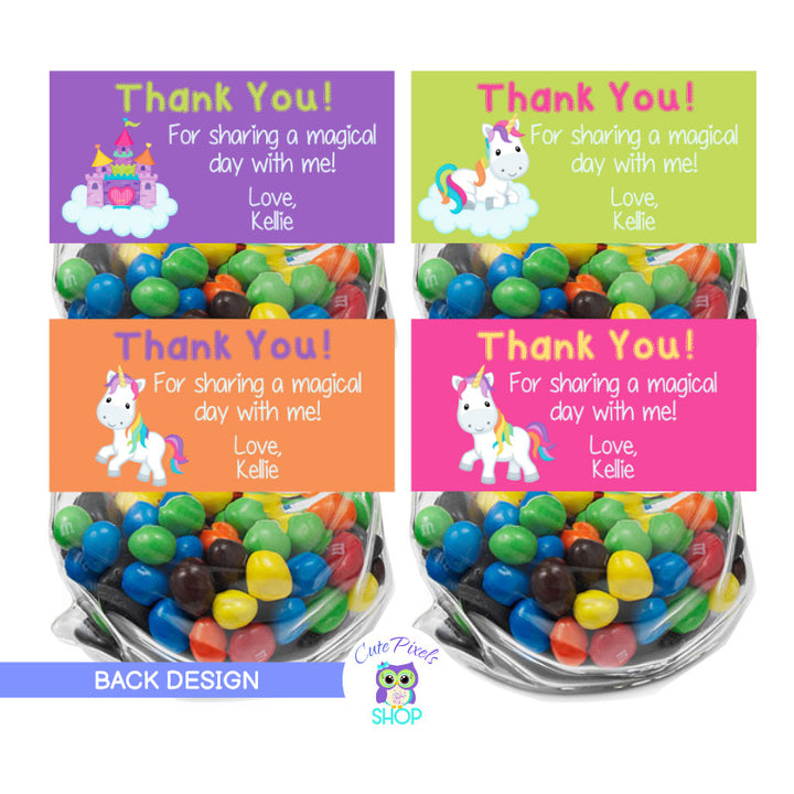 Unicorn Bag Toppers, Rainbow Treat bag wit a cute clouds and rainbow hearts background. Different Unicorns and color for each bag topper. Customized with child's name and age. Design on back with a thank you note.